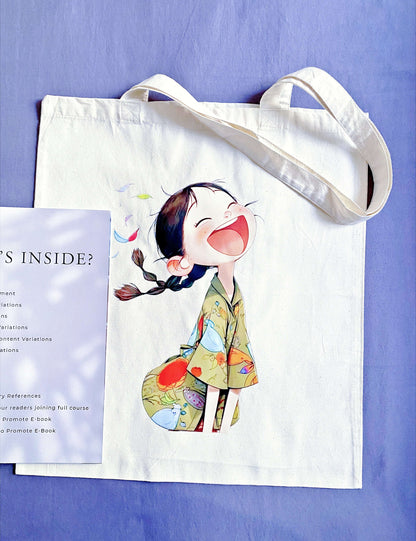 This cotton tote bag featuring a hand-printed 'happy girl laughing' pattern is the perfect mix of fun and eco-consciousness, a great gift for any occasion.