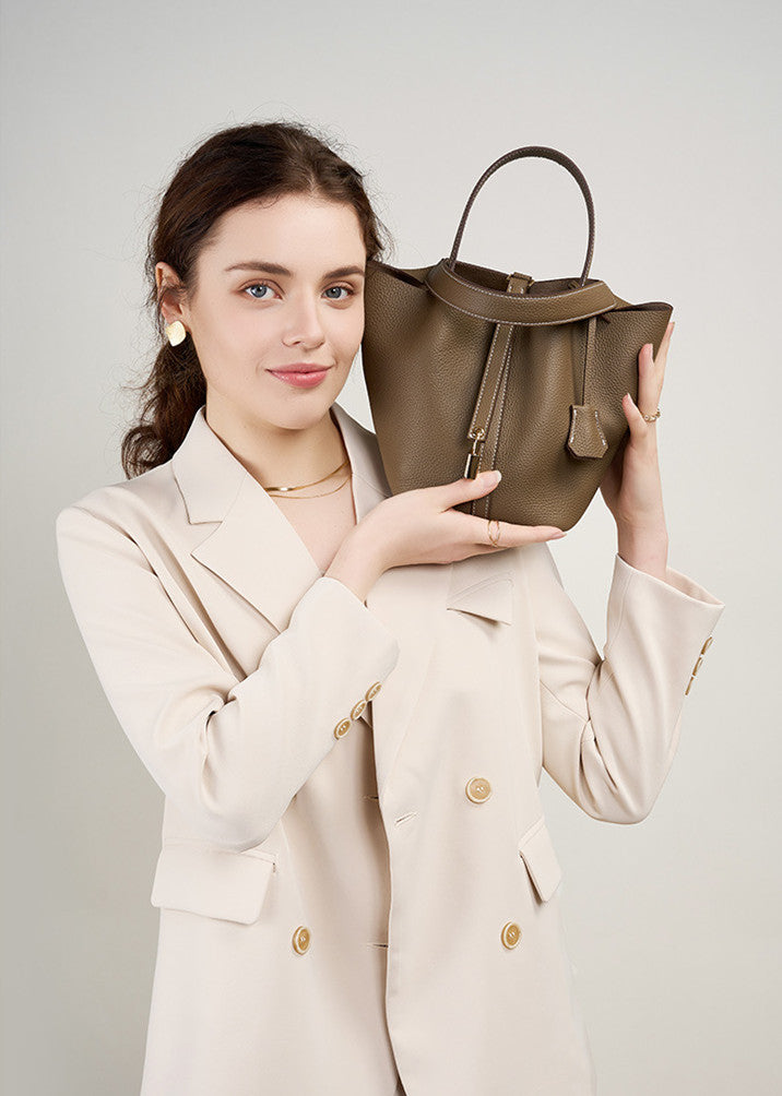 Lightweight Soft Leather Bucket Handbag