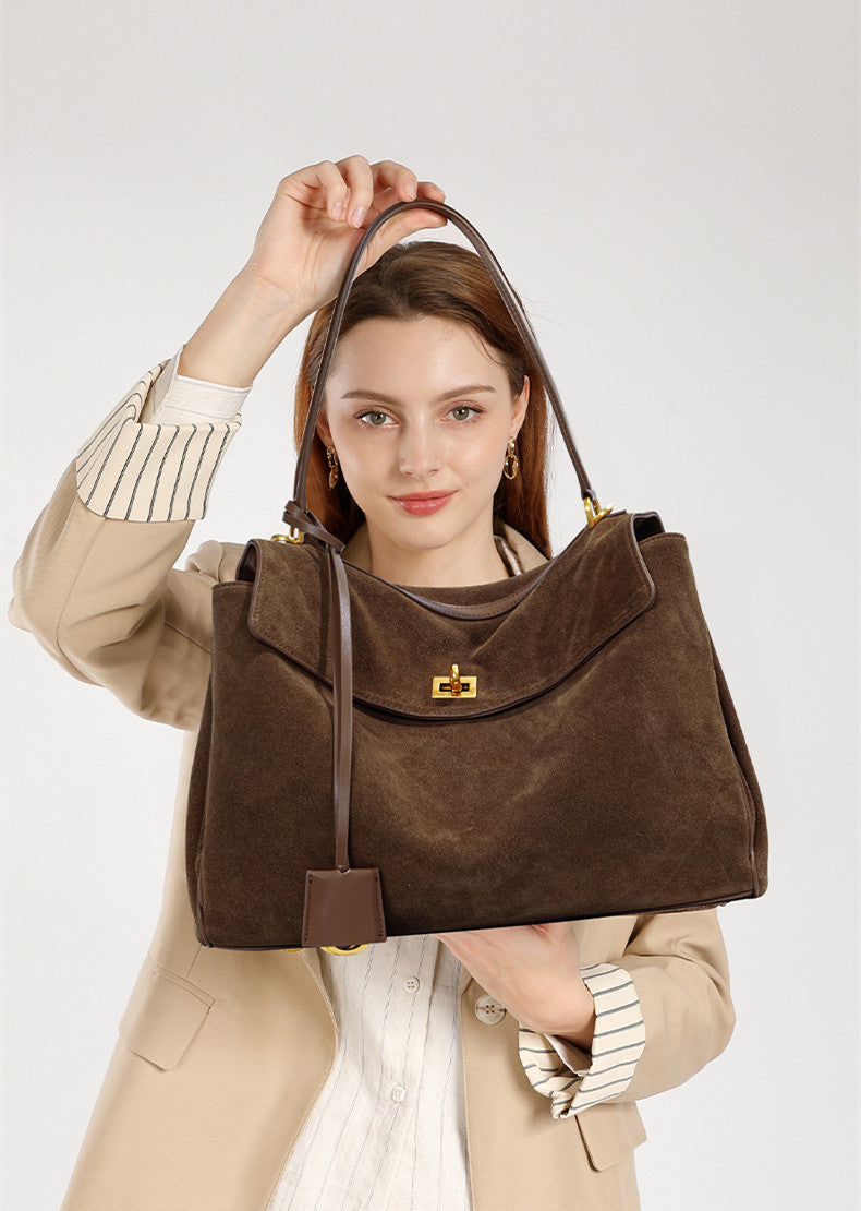 Versatile Genuine Leather Suede Tote Bag for Women with Large Capacity and Multiple Carrying Styles