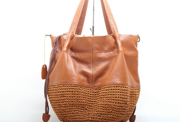 Vintage Leather Handbag with Drawstring Closure Woyaza