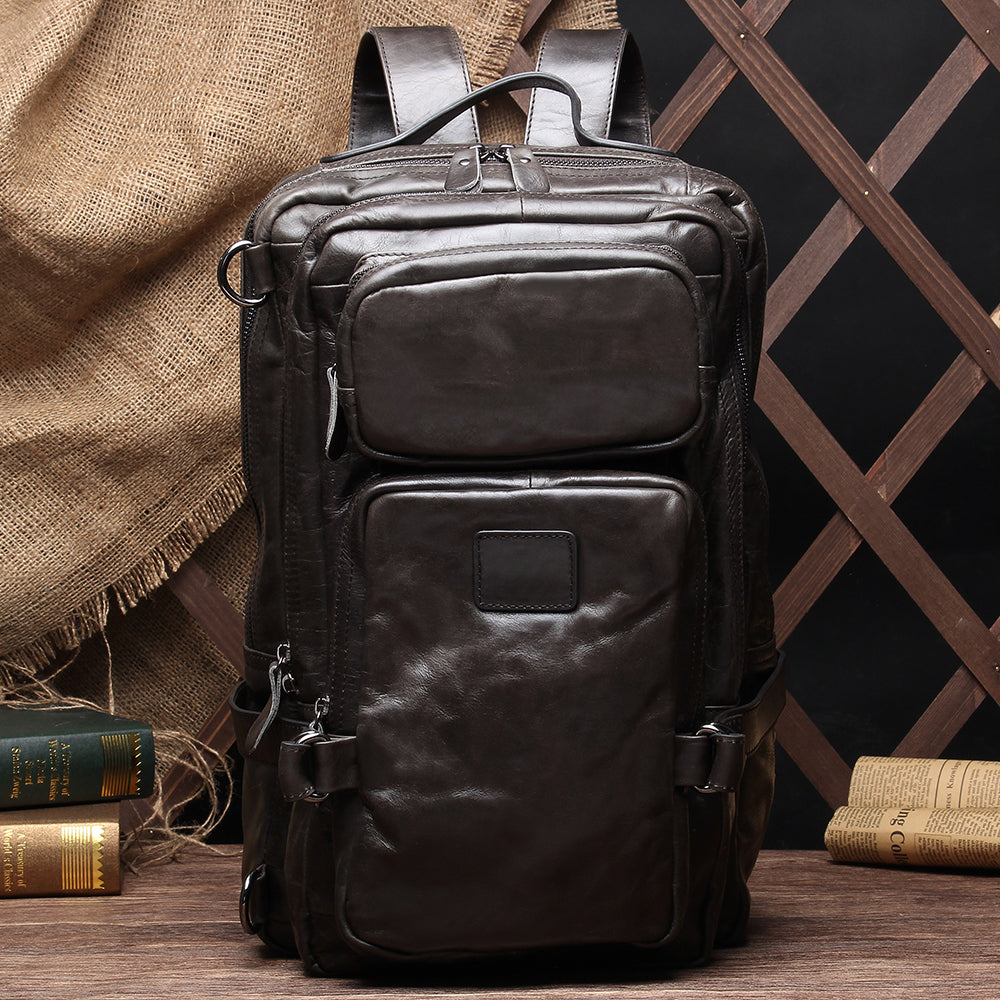 Classic Leather Backpack with Multiple Compartments and Pockets Woyaza