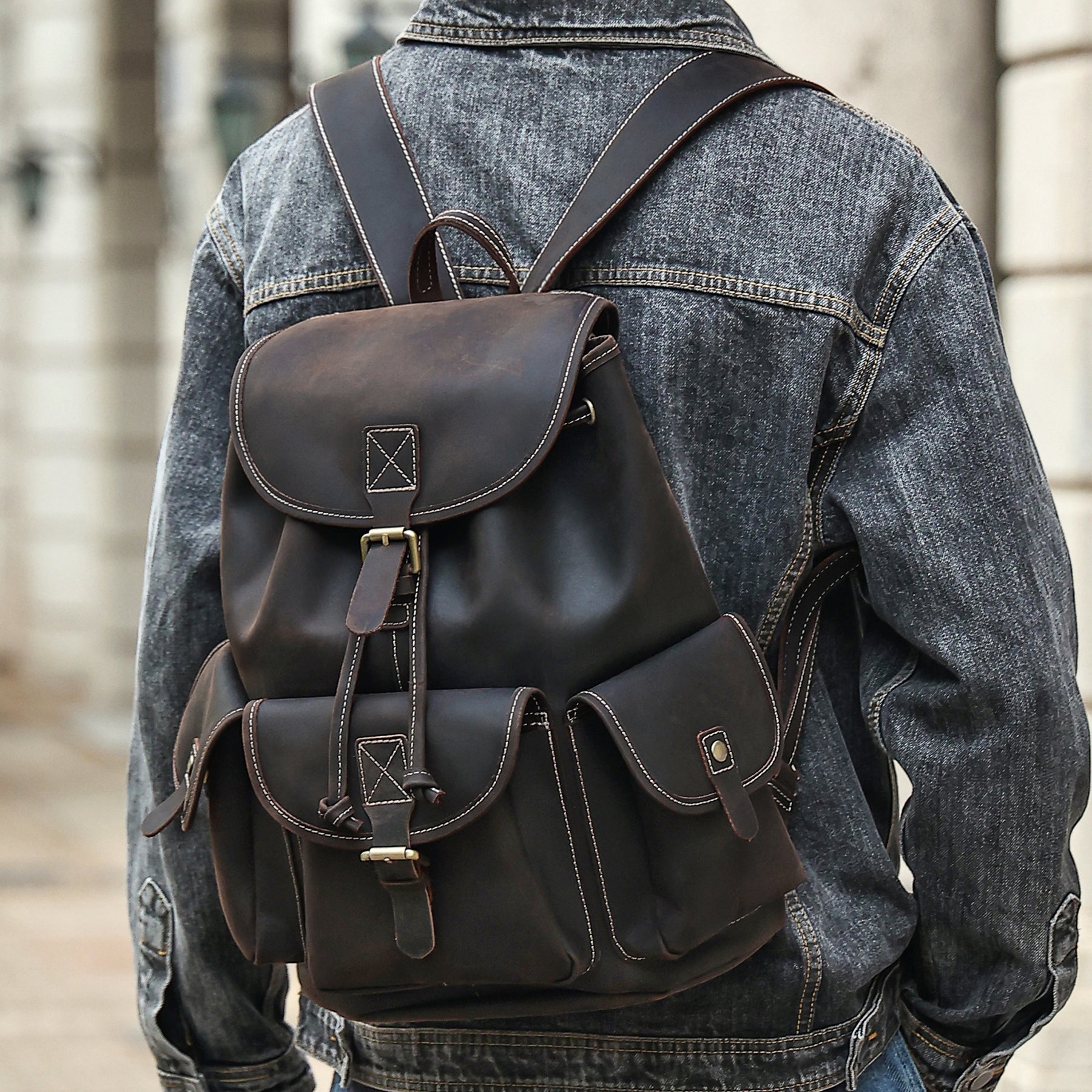 Vintage Style Large Leather Backpack for Men Woyaza