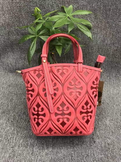 Trendy Vintage Leather Handbag with Intricately Embossed Design woyaza