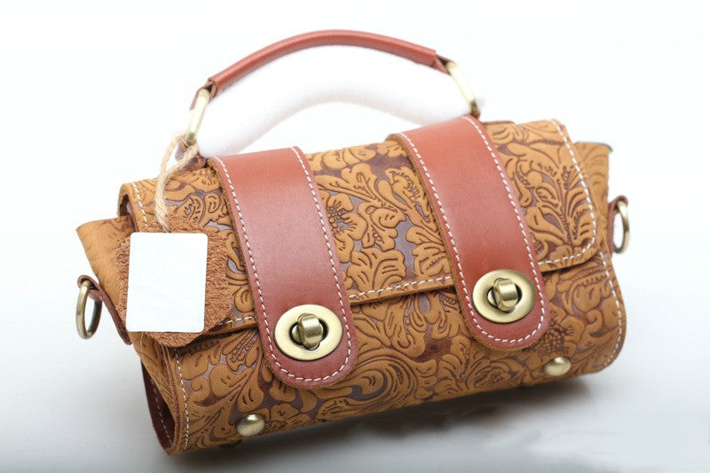 Retro Patterned Leather Handbag woyaza
