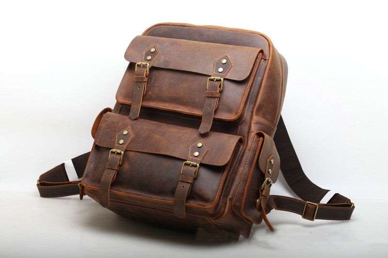 Retro Style Leather Backpack with Laptop Compartment for Men woyaza