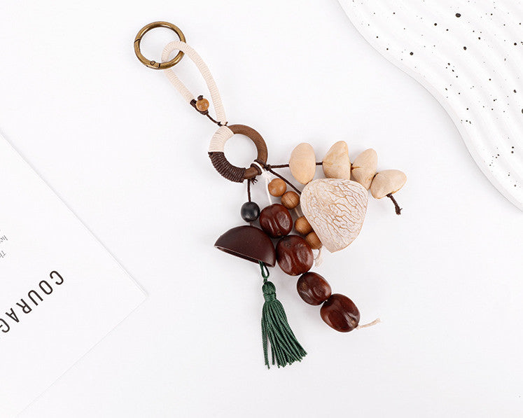 Wood bead and bodhi seed charm for bag styling