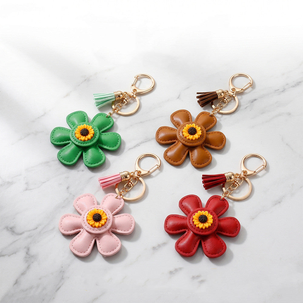 Decorative sunflower charm clipped onto a cotton tote