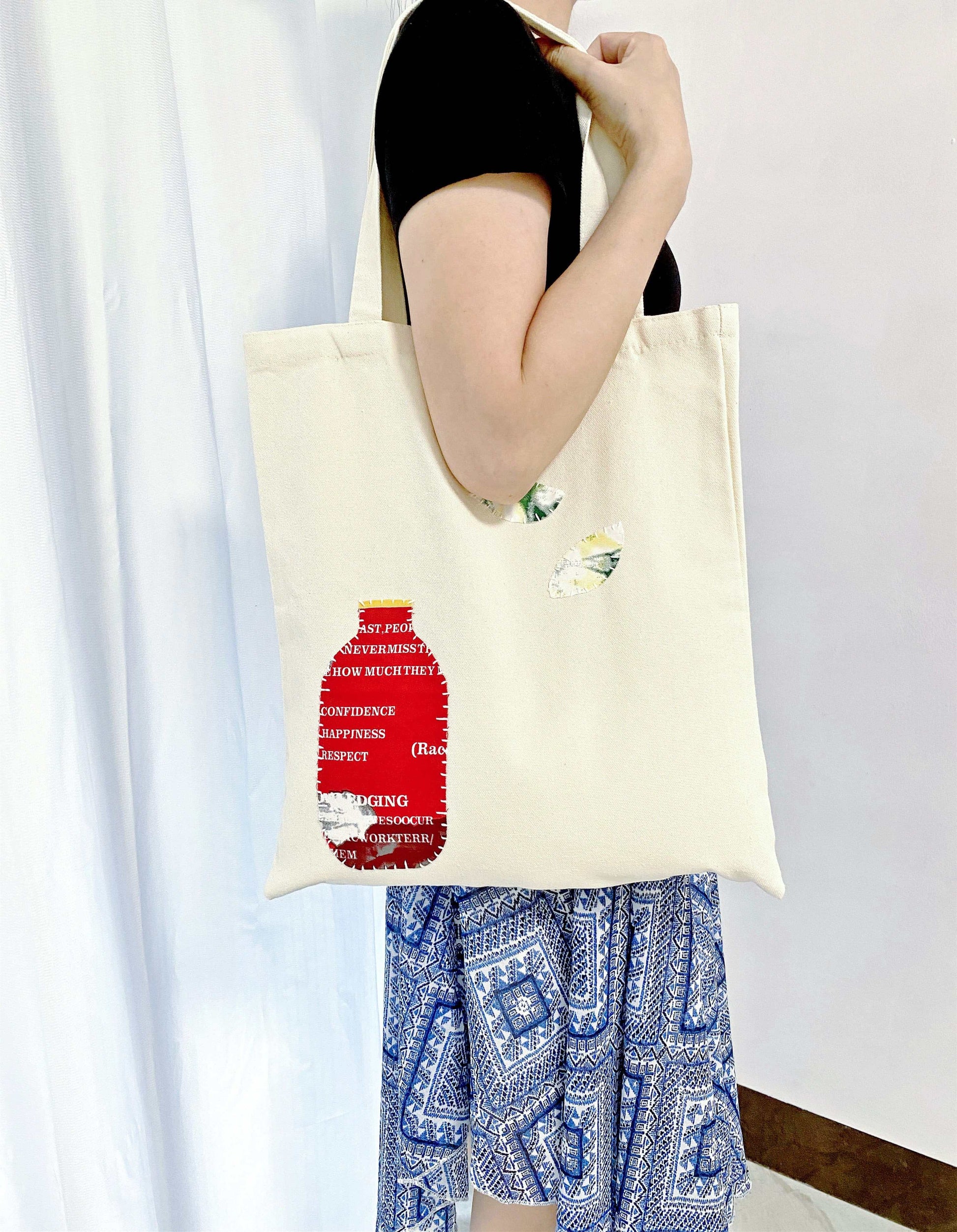 Spacious interior of a natural material tote bag for work and travel.