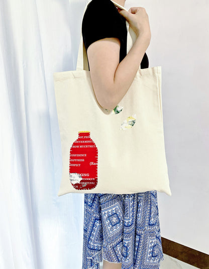 Spacious interior of a natural material tote bag for work and travel.