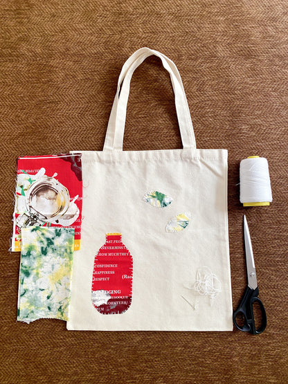 Everyday canvas tote with handmade patchwork detail used for library and book carrying