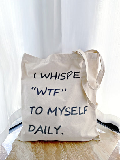 minimalist canvas shopping bag with natural ink and hand-drawn words for conscious living