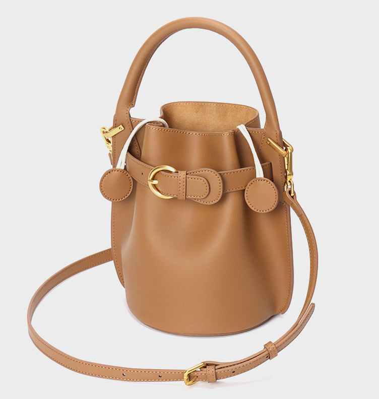 Women's Stylish Small Leather Bucket Bag with Multiple Carrying Options