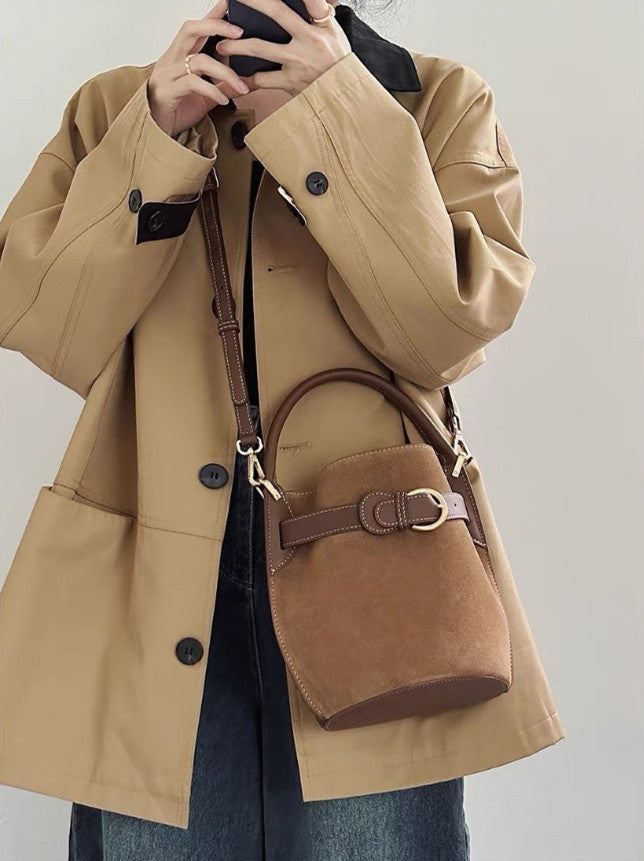 Classic Real Leather Bucket Handbag Crossbody Shoulder Bag for Ladies woyaza