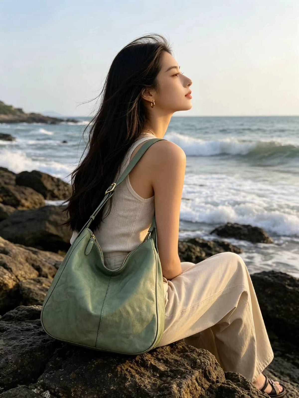 Classic hobo purse styled for a relaxed afternoon browsing local boutiques