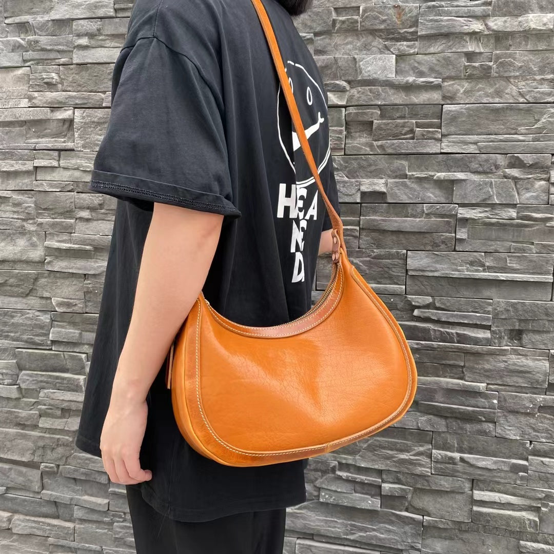 Exquisite Vintage Leather Satchel Bag with Half Moon Design for Women
