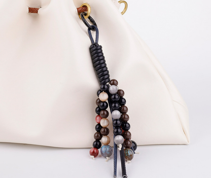 Natural jasper and quartz stone beads on a woven leather strap for purse personalization