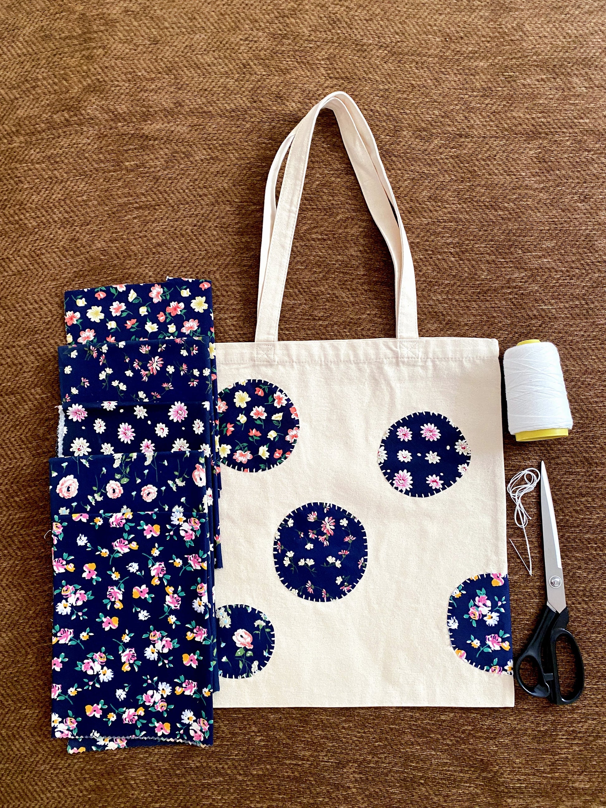 Canvas tote with original patchwork design for eco conscious shoppers