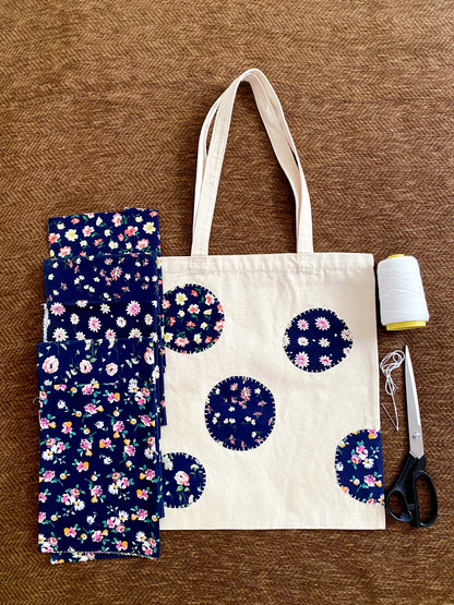 Canvas tote with original patchwork design for eco conscious shoppers
