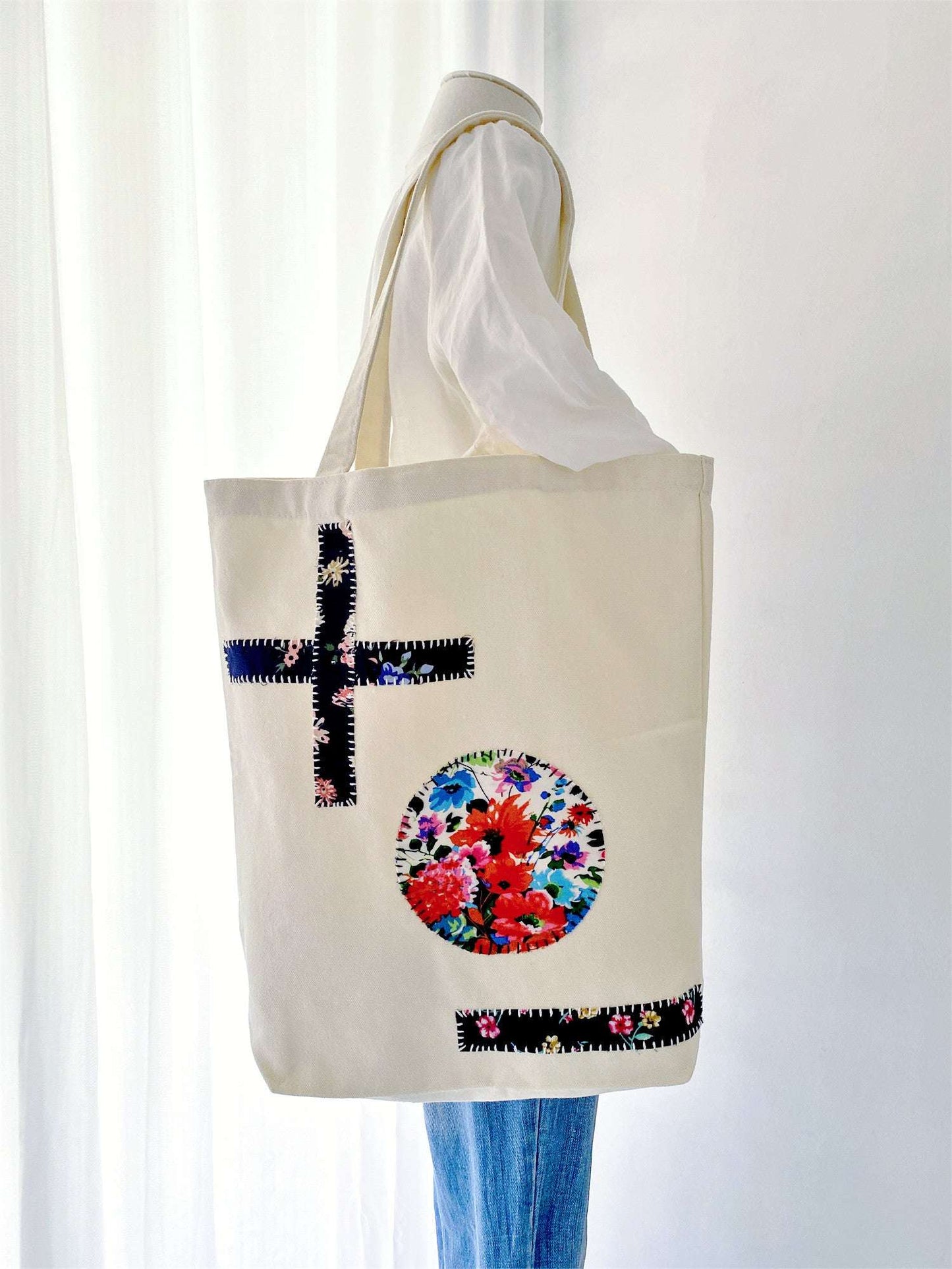 Natural canvas tote shown in an everyday shopping scene