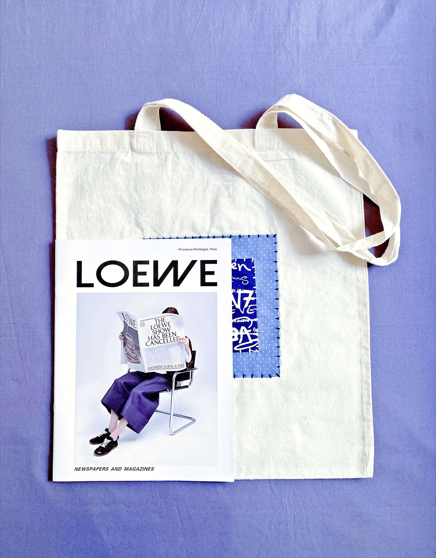 Sustainable cotton tote with calm patchwork textures, appealing to users who value function without loud branding