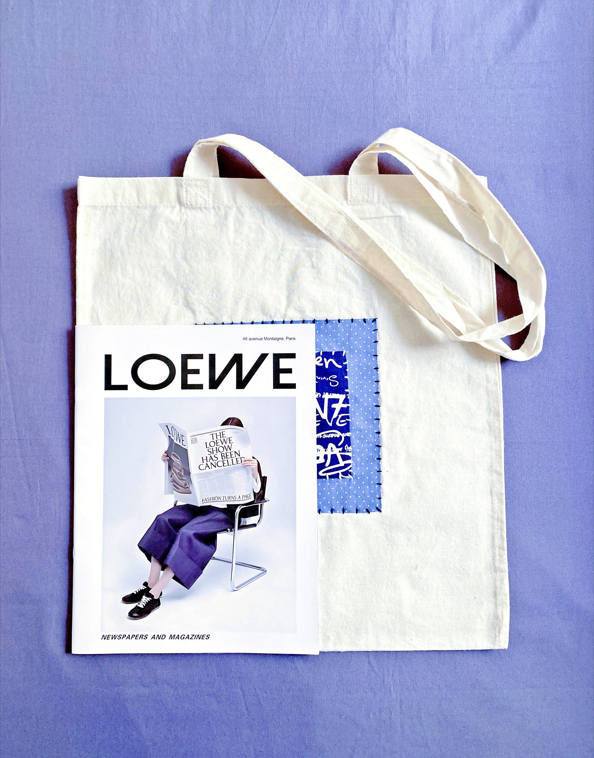 Sustainable cotton tote with calm patchwork textures, appealing to users who value function without loud branding