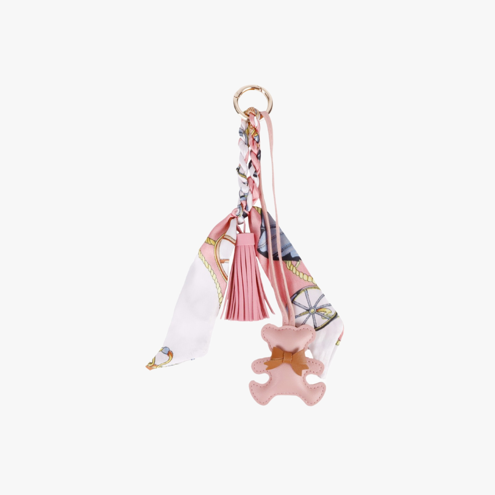 Handcrafted teddy bear purse charm decorated with a mini silk neck scarf