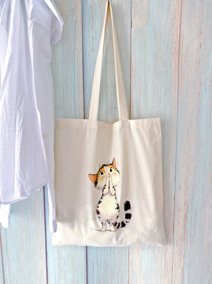 Thoughtful eco friendly gift tote with a hand printed kitty design for cat lovers