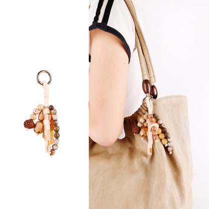 Seed bead bag accessory with a natural woven appearance