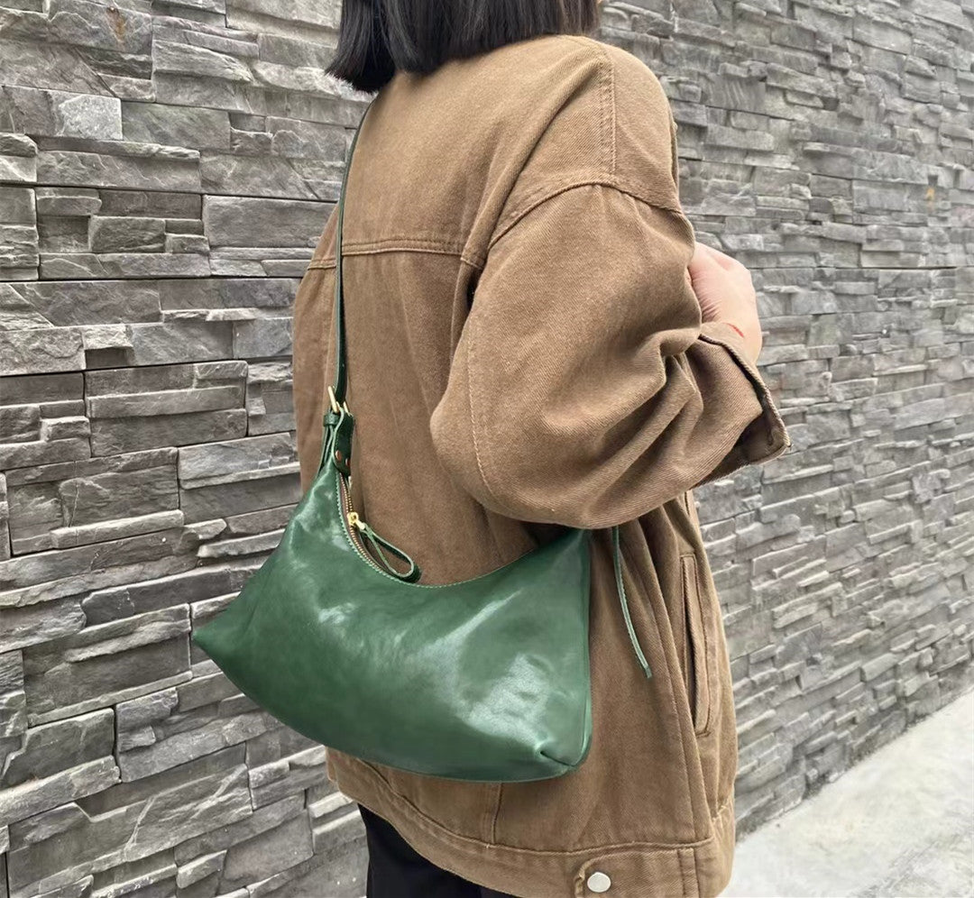 Vintage Leather Half Moon Shoulder Bag for Women