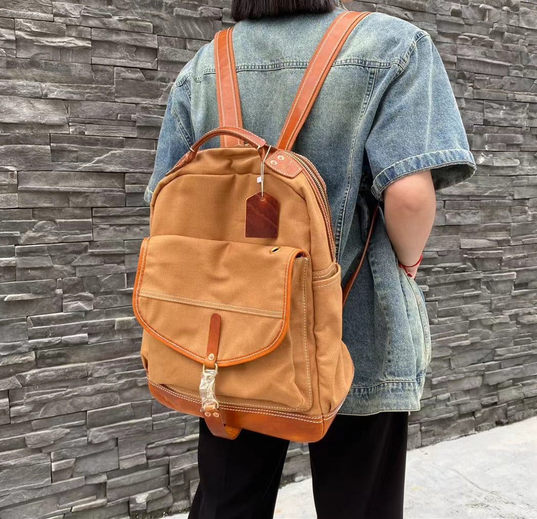 Genuine Leather Canvas Backpack with Large Capacity for Travel