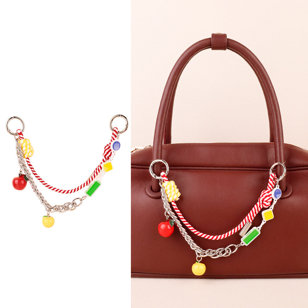 Colorful rope tote charm styled with casual streetwear accessory outfits