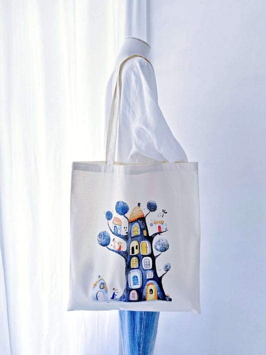 Dream Treehouse tote bag, designed for those who love adding a bit of whimsy to their sustainable lifestyle—great as a gift for someone who appreciates both style and purpose.