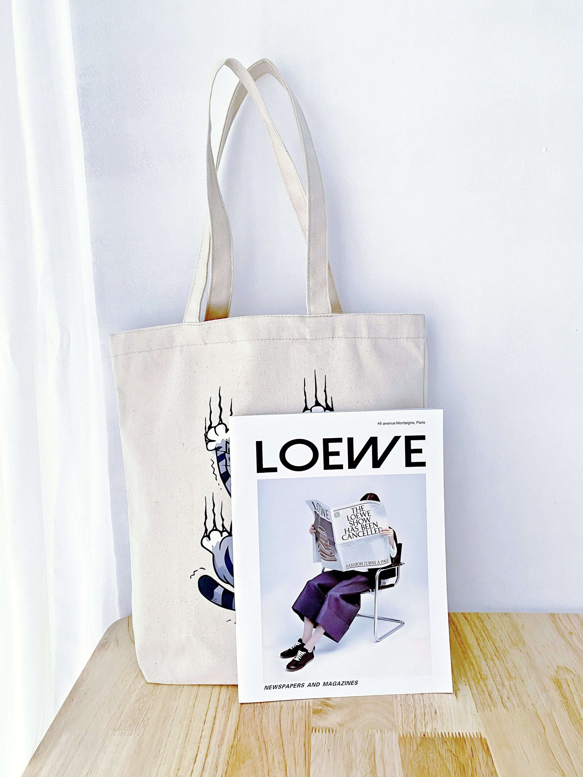 Artistic hand-printed bag acting as a conversation starter at a local gallery