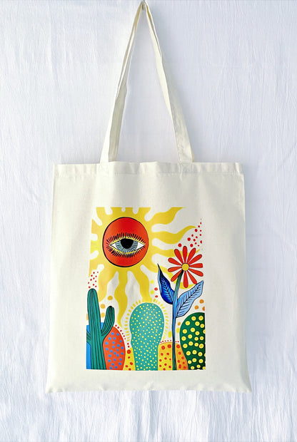 A stack of three different hand-printed totes, suggesting a thoughtful matching gift set for bridesmaids or a group of close sisters.