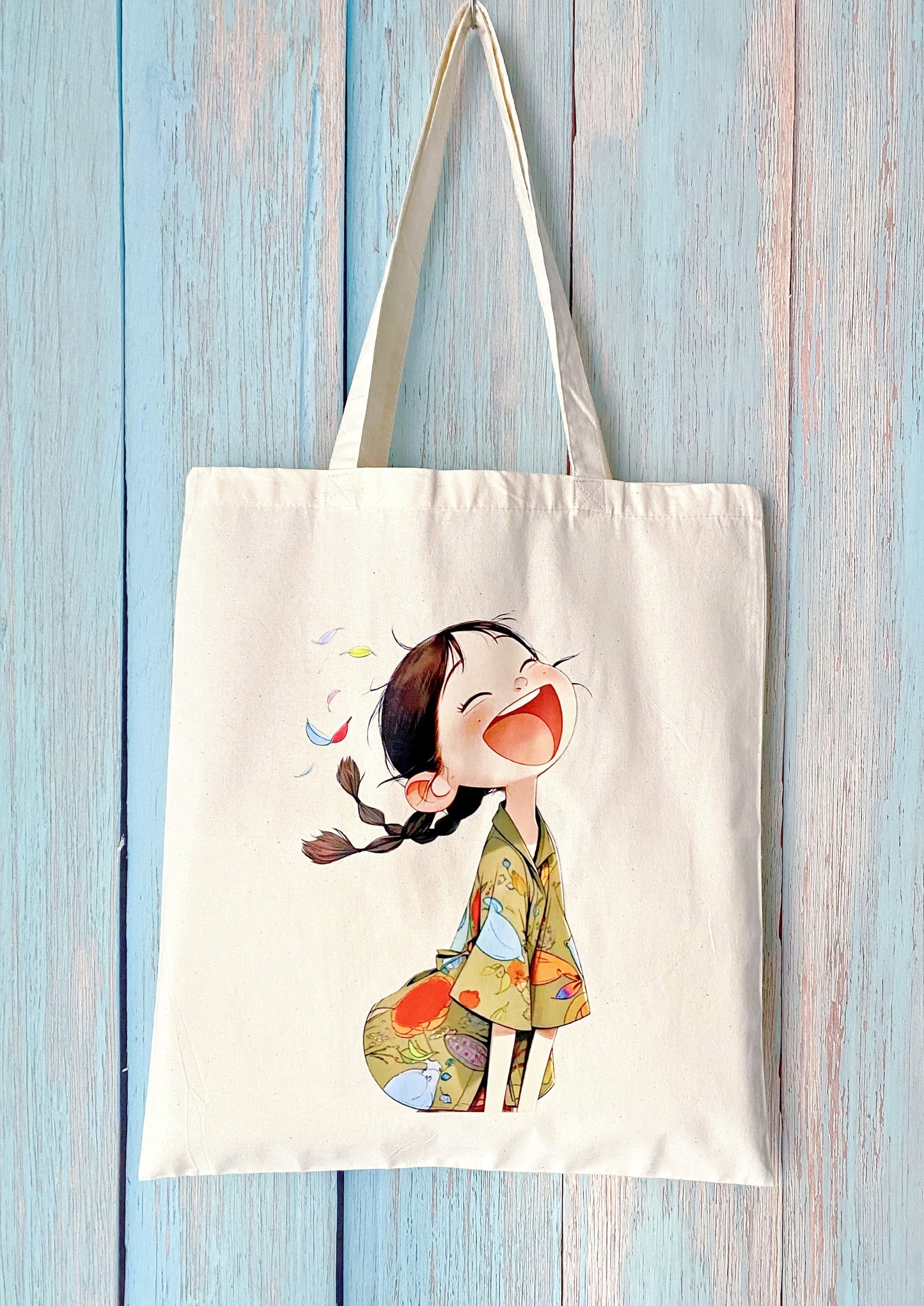 ultra soft cotton shoulder bag with a joyful girl printed artwork
