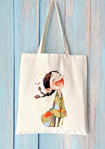 ultra soft cotton shoulder bag with a joyful girl printed artwork