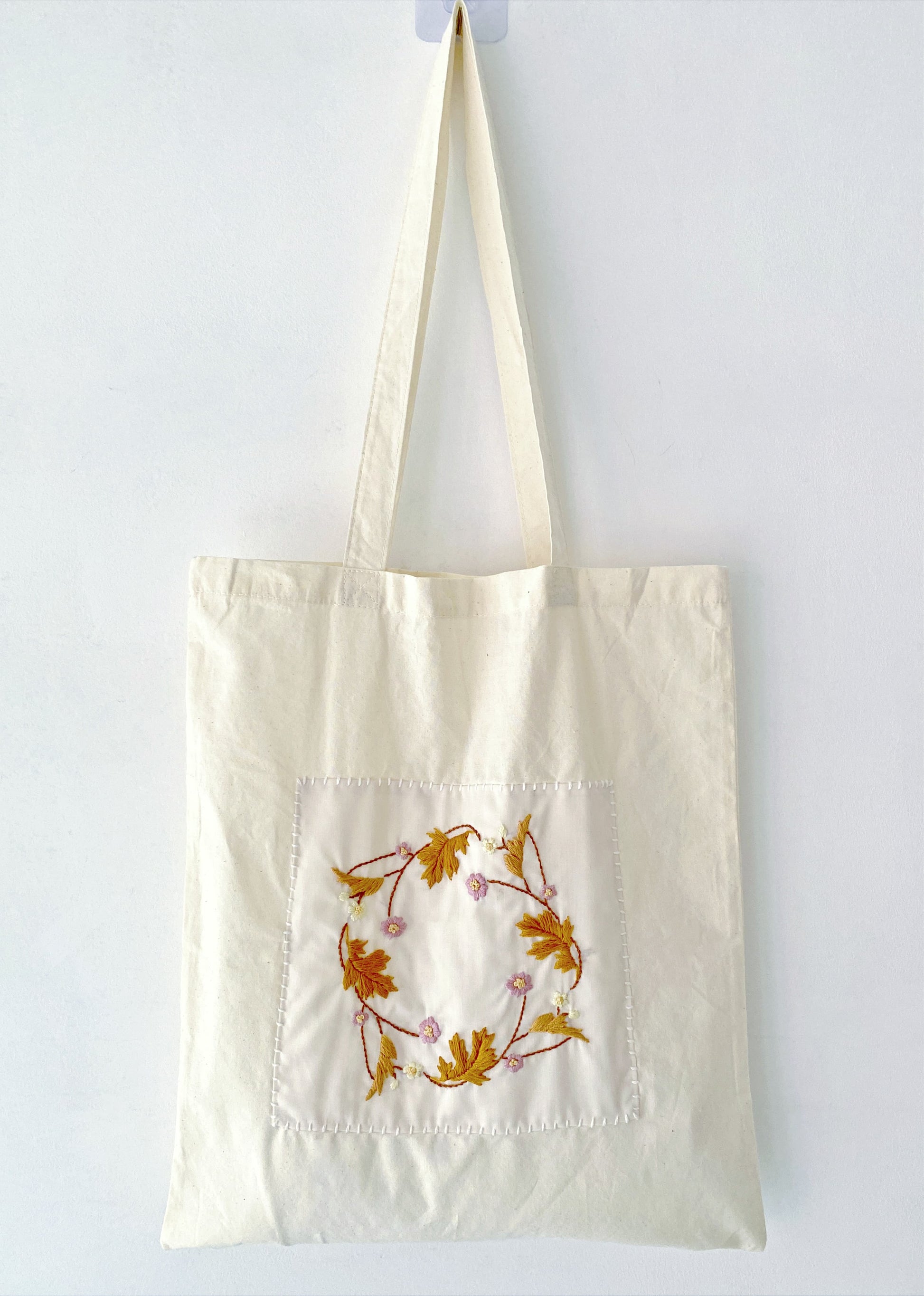 Sustainable shopping bag promoting individuality through DIY handcrafted flower embroidery.