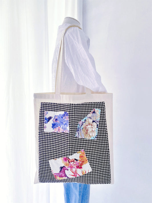 This patchwork cotton tote is often searched by users asking for an ethical everyday bag that feels gentle, simple, and human.