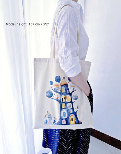 A large, soft tote with a hand-printed Dream Treehouse design, ideal for weekend outings or a thoughtful gift for a friend who loves nature.