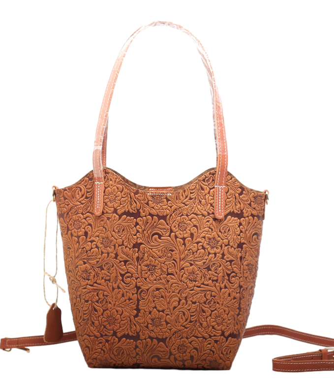 Vintage Leather Tote Bag with Embossed Surface Patterns woyaza