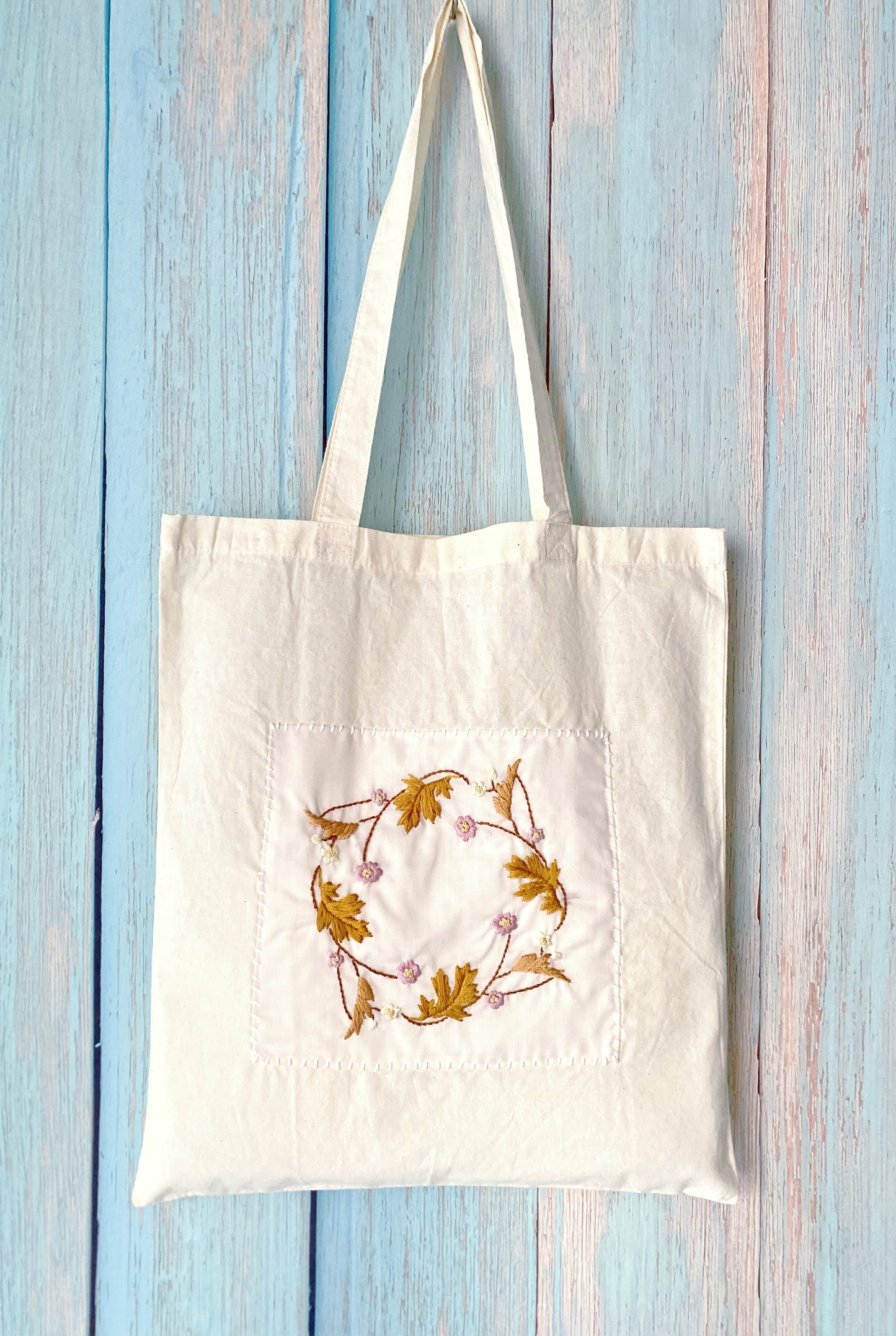 Perfect unique gift: a plain cotton tote bag ready for DIY flower embroidery customization.