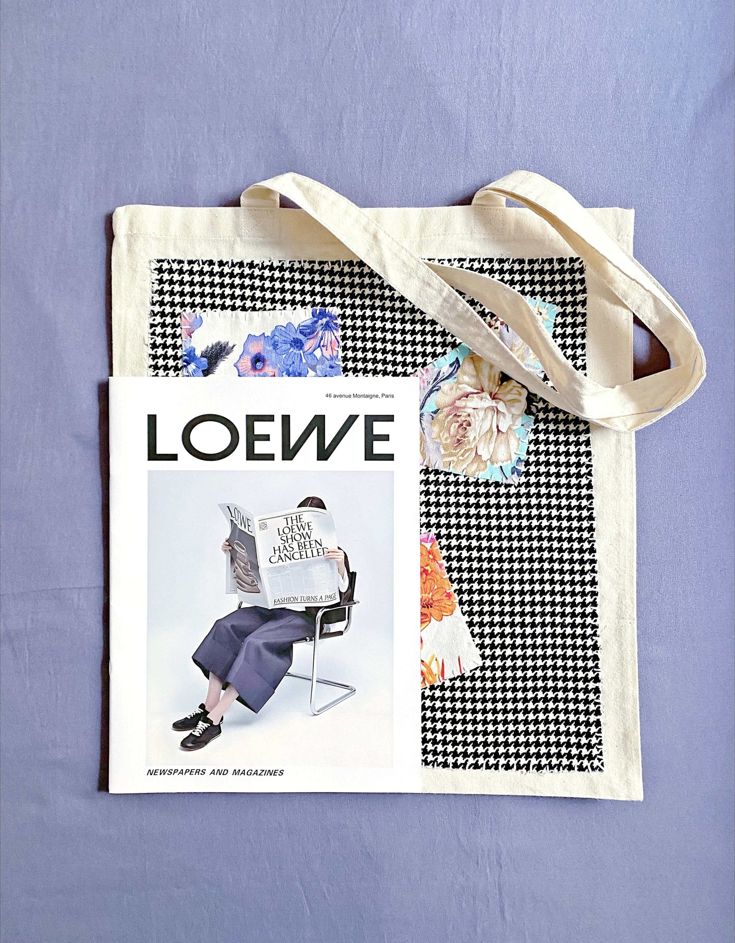 Minimalist canvas shopping bag with DIY-style patchwork design, suitable for daily use, books, groceries, and light travel.