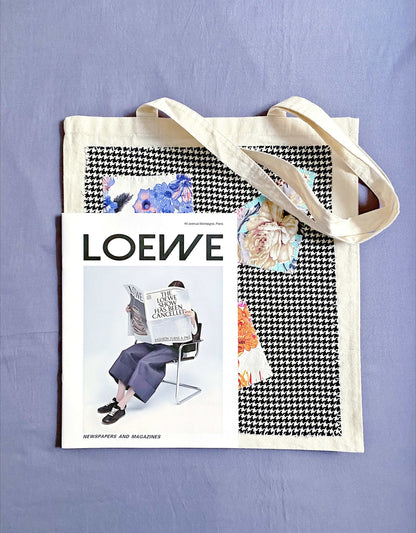 Minimalist canvas shopping bag with DIY-style patchwork design, suitable for daily use, books, groceries, and light travel.