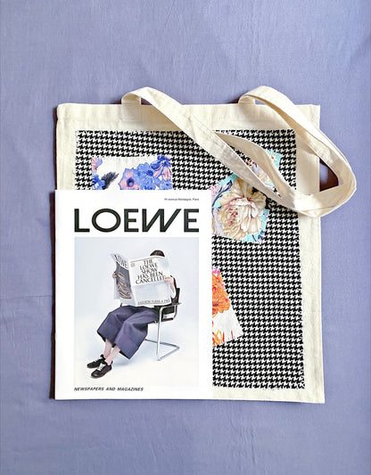 Minimalist canvas shopping bag with DIY-style patchwork design, suitable for daily use, books, groceries, and light travel.