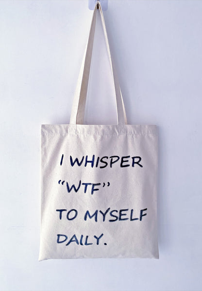 roomy canvas shoulder tote with artistic handwriting detail for weekend market trips