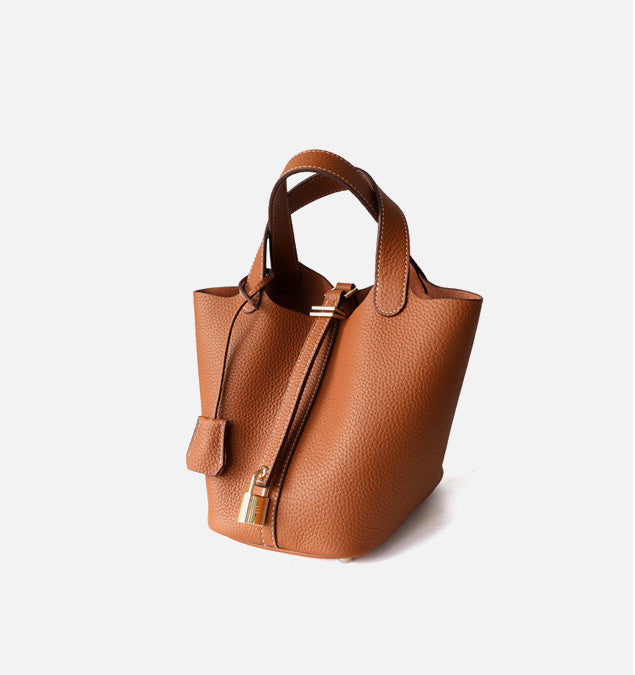 Women's Soft Leather Tote Bag with Shoulder Strap and Unique Lock