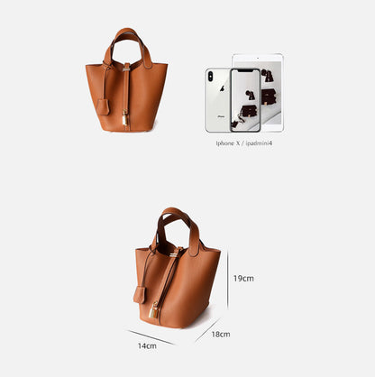 Soft Leather Bucket Bag with Unique Lock and Shoulder Strap for Women