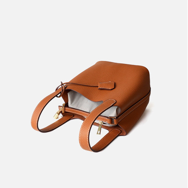 Women's Soft Leather Handbag with Unique Lock and Handheld Design