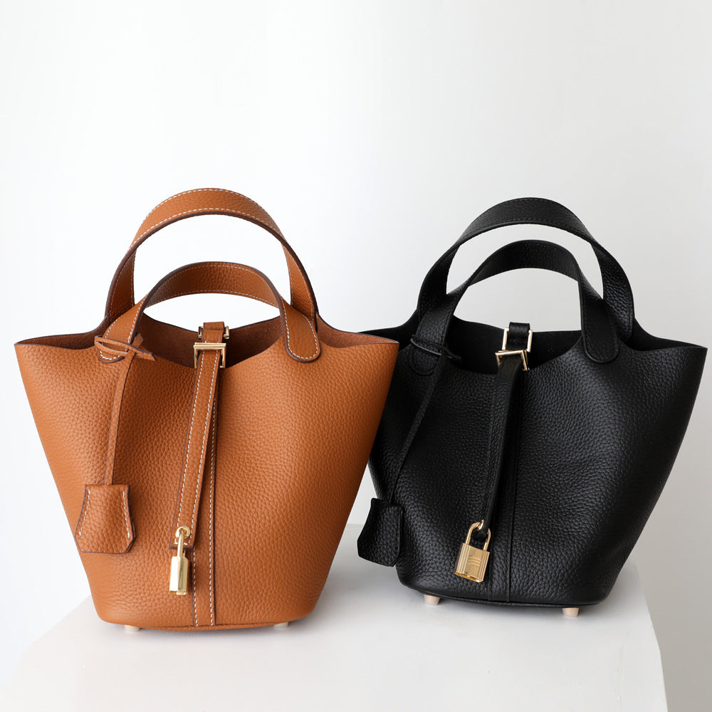 Unique Clasp Soft Leather Bucket Bag for Women