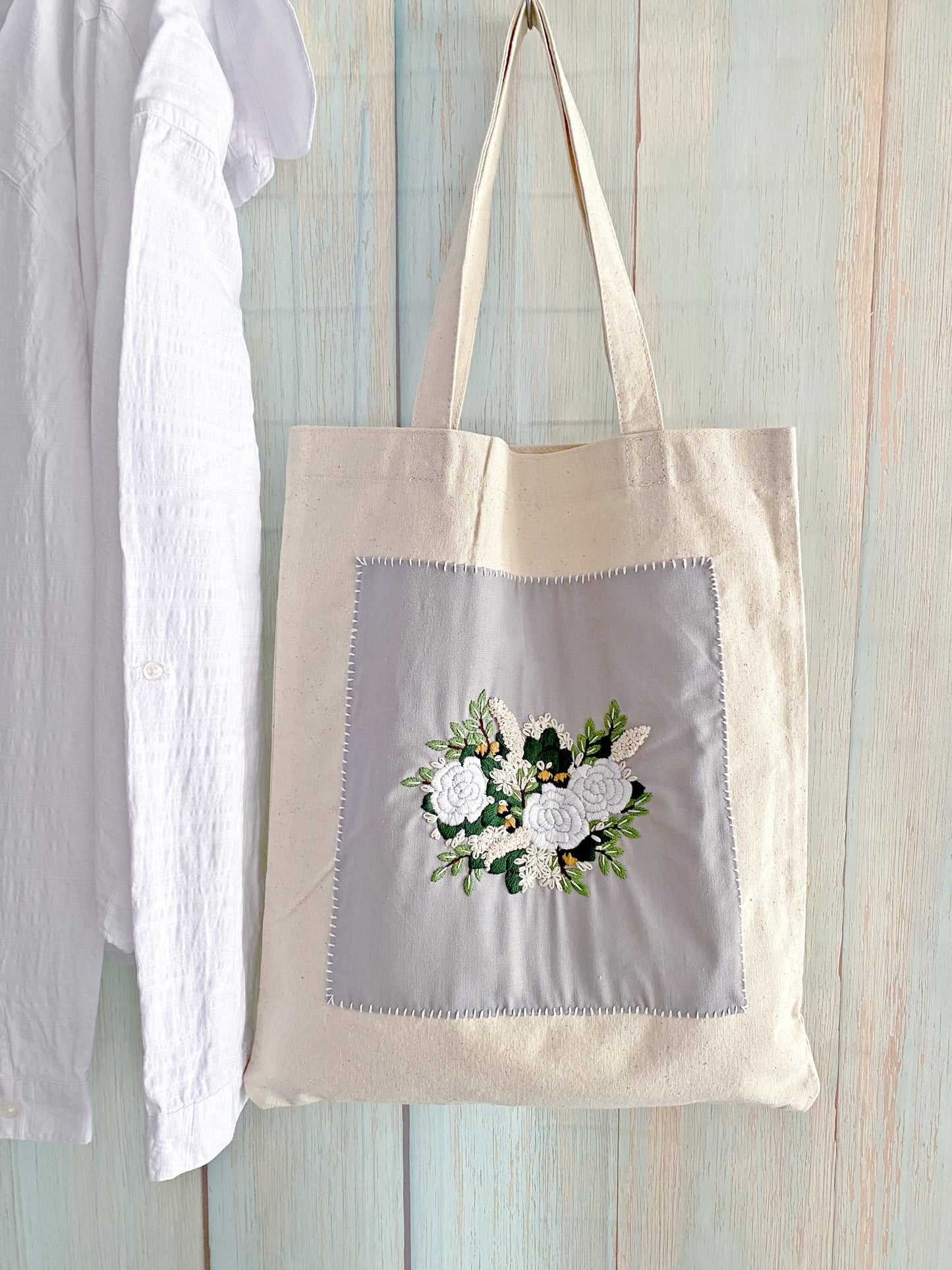 Handcrafted embroidery tote bag for a bride-to-be keepsake gift